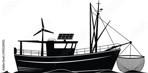 Fishing boat silhouette with wind turbine and solar panel, sustainable marine energy and commercial fishing vector illustration isolated on white background