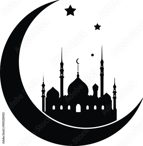 Islamic mosque silhouette with crescent moon and stars, Ramadan Kareem symbol vector illustration religious architecture night design