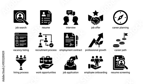 Job search and career development icons: resume, interview, employment, growth, opportunities