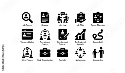 Career development icons: job search, resume, interview, career path visualization set