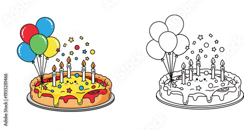 Cheerful Cartoon Birthday Cake with Candles and Balloons - Celebration Vector