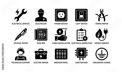Electrical icons set: technician, tools, socket, switch, safety symbols