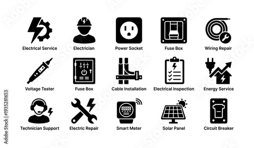 Electrical services icons: electrician tools, power socket, fuse box, wiring, solar panel