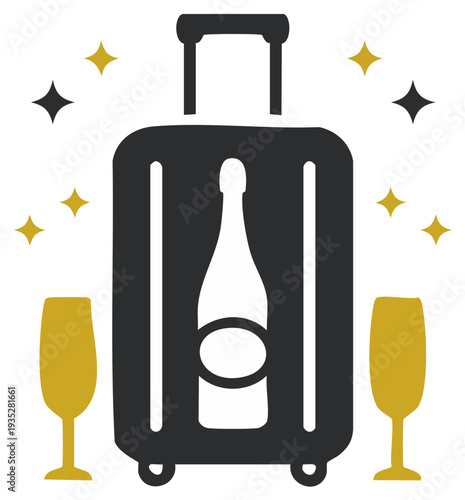 Luxury travel and celebration concept icon with suitcase champagne bottle and sparkling gold glasses