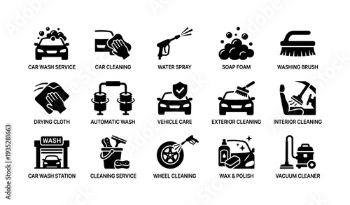 Car wash and cleaning icons: services for exterior and interior maintenance