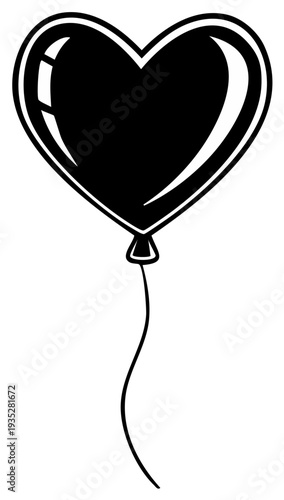 Bold Black Heart Shape Balloon Floating Upwards With String Outline Illustration