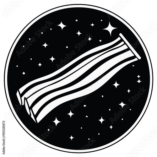 Graphic illustration of a floating air mattress in a starry space within a black circle.