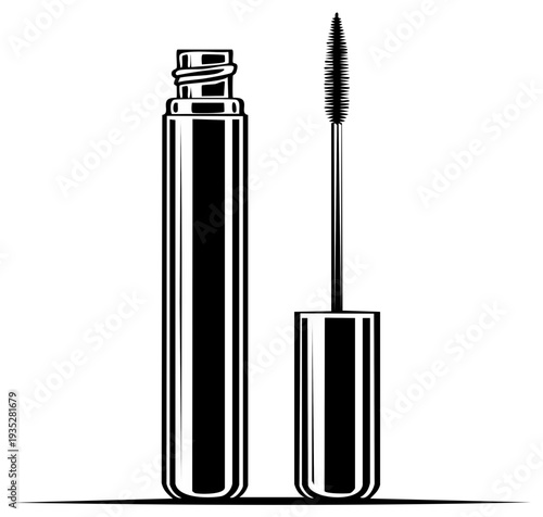 Open mascara tube with applicator wand and brush black and white vector illustration