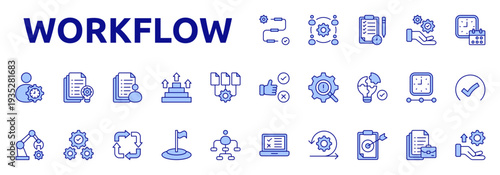 Workflow icon set color lineal style with process, team, planning, resource, schedule, management, project, task, steps, sequence icons