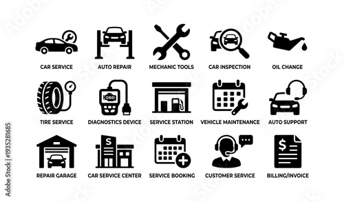 Automotive service icons set - tools, maintenance, inspection, support, diagnostics