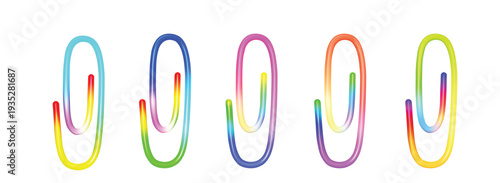 Five colored paper clips isolated on white background. 3D vector illustration