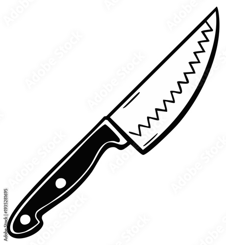 Hand drawn illustration of a chef's knife with a serrated blade and black handle on a white background