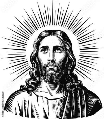 Jesus Christ sacred portrait with radiant halo rays, Christian religious illustration vintage engraving style faith icon