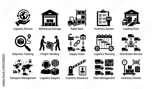 Warehouse operations and logistics services icons set