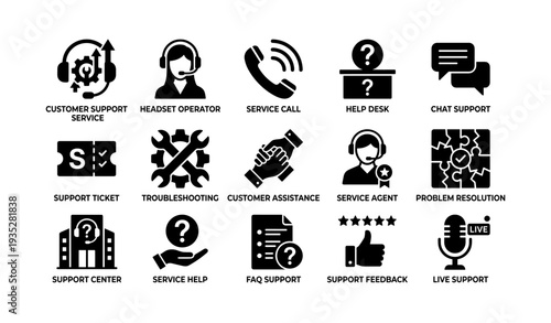 Customer support icons including headset operators and service agents with various assistance symbols