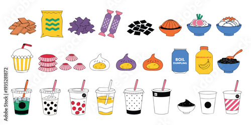A Diverse Collection of Snacks, Candies, and Beverages in a Playful Doodle Style candy drinks