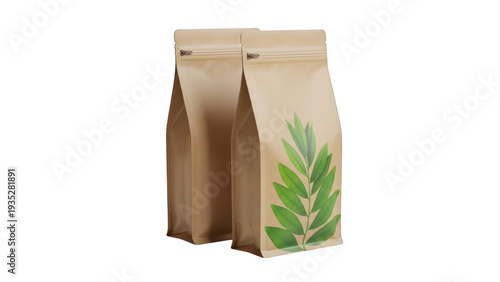Brown paper bag with green leaf design isolated on transparent background