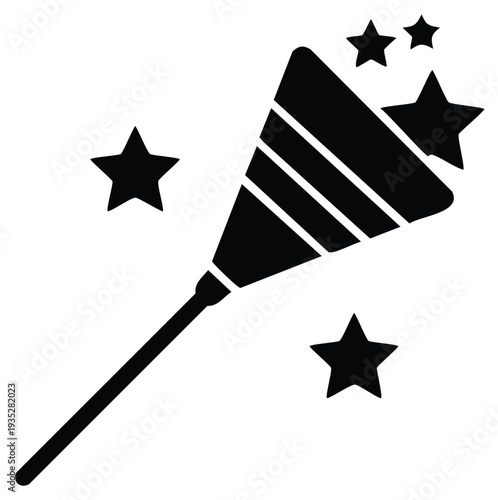 Celebratory party popper with stars, black and white vector illustration.