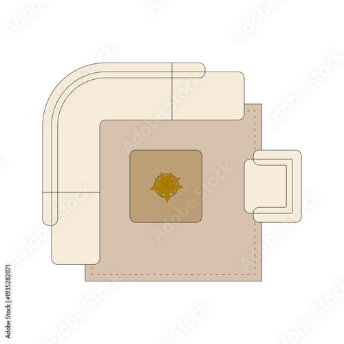 Top view furniture layout of L-shaped sofa and round table on beige rug. 6