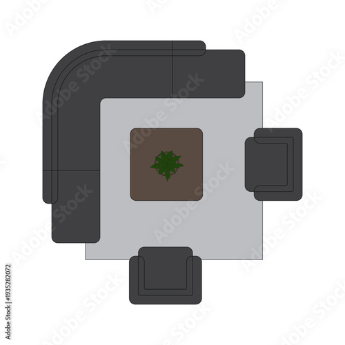 Top view furniture layout of L-shaped sofa and round table on gray rug. 7