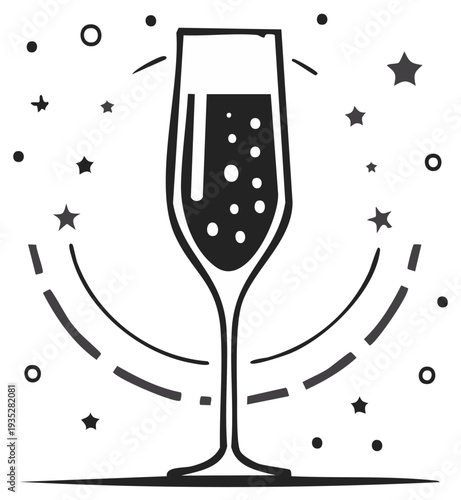 Elegant black and white champagne flute icon with bubbles and festive stars for celebration
