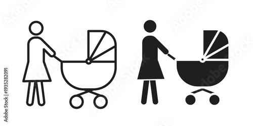 Woman with Baby Stroller icon. Simple outline style concept. Thin line vector illustration.