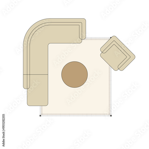 Top view furniture layout of L-shaped sofa and round table on beige rug. 10