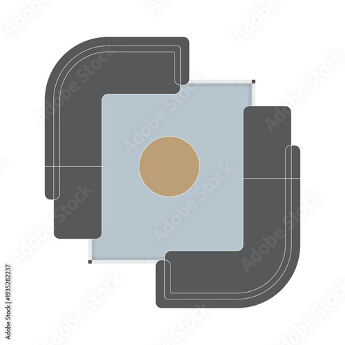 Top view furniture layout of L-shaped sofa and round table on pastel blue rug. 11