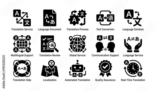 Translation services icons set: multilingual support and global communication