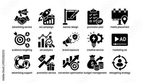 Digital marketing icon set: advertising, promotion, and analytics tools