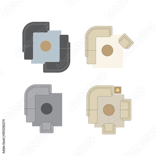 4 Collections Top view furniture layout of L-shaped sofa and round table on rug. 12