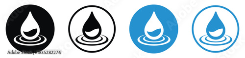 Liquid drop icon with a ripple effect. Represents water conservation, environmental purity, hydration, or chemical solutions. Minimalist black and blue circular icons.