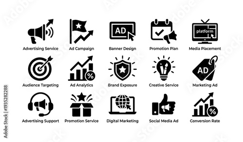 Digital marketing icons set featuring advertising service and brand exposure