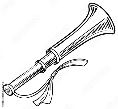 Detailed Black and White Line Art Illustration of a Ceremonial Bugle Musical Instrument with Tassel