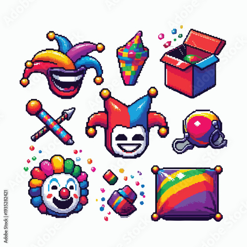 April Fool’s Day Pixel Icons – Confetti, Laughing Face & Party Gag 8-Bit Set
