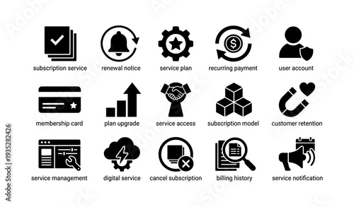Subscription service icons: renewal, payment, account management, customer retention