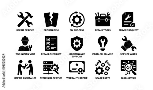 Repair service icons: tools, maintenance, diagnostics, technical support, spare parts
