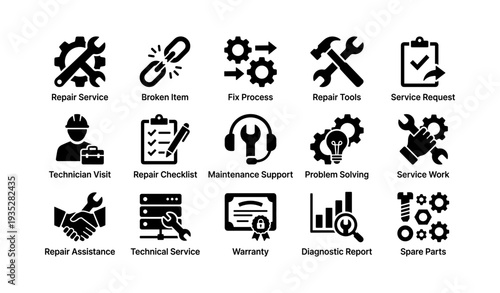 Set of repair and maintenance icons featuring tools and services