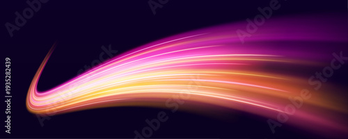 Vibrant neon streaks flow along transparent curved paths. Luminous motion lines convey speed, energy, and futuristic dynamics. Perfect for sci-fi banners.