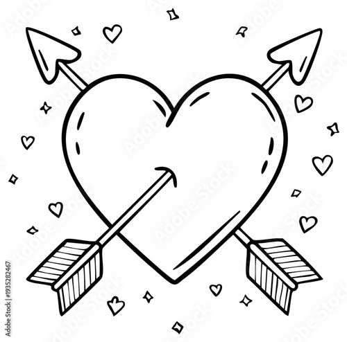 Heart pierced by arrows of love with hearts symbols and confetti