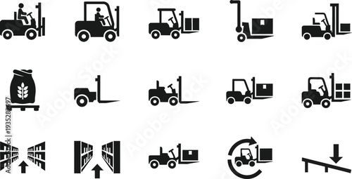 Warehouse and material handling equipment, forklifts, pallet jacks, storage racking, manual pallet jack, electric stackers, and warehouse shelving warehouse cargo logistics icons set. 
