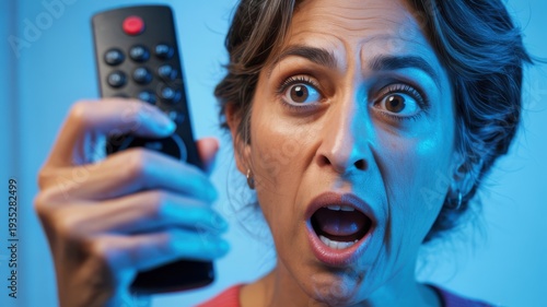 Surprised woman holding tv remote control looking shocked in blue light close up portrait