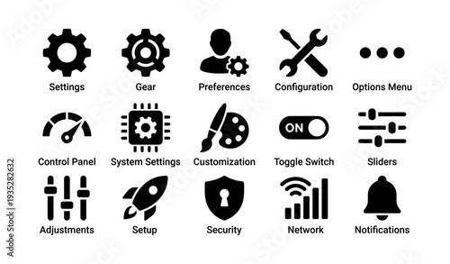 Settings and configuration icons for user interface design