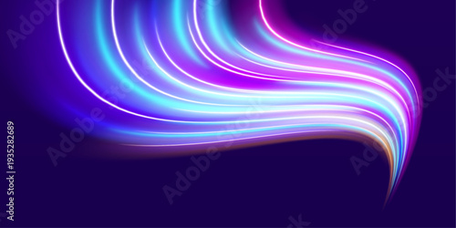 Glowing neon streaks ripple along curved city highways. Luminous motion lines convey speed, energy, and futuristic dynamics. Perfect for sci-fi banners.