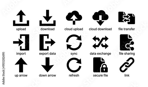 Set of black data management icons including upload, download, sync, and more