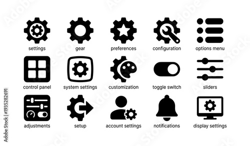 Settings and configuration icons: preferences, gear, control panel, toggle, system adjustments