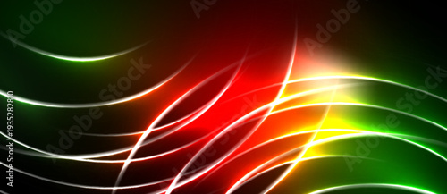 Abstract background features vibrant curves. Green, red, yellow light streaks contrast against black space. Dynamic energy radiates from central glow.