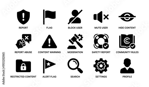 User interface icons: report, mute, search, alert, profile features