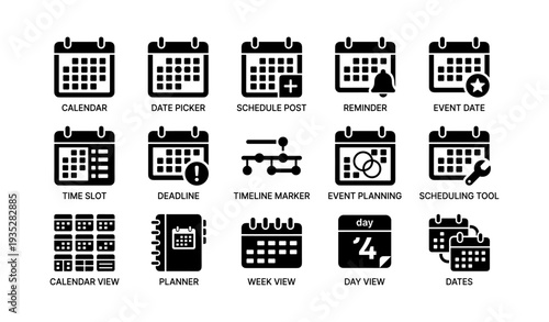 Set of 16 calendar icons for scheduling and event planning