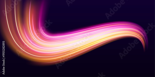 Fast neon streaks twist along curved city roads. Luminous motion lines illustrate dynamic speed and futuristic energy flow. Ideal for digital sci-fi visuals.